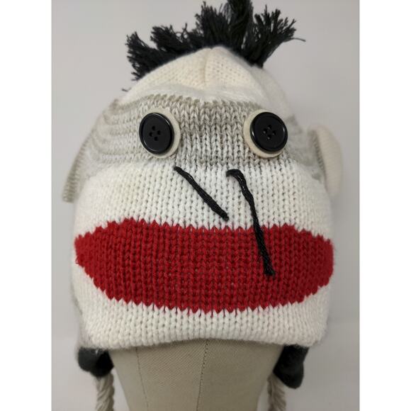 Sock Monkey Knit Beanie Hat Cap Button Eyes 100% Acrylic Gray White - Picture 3 of 10